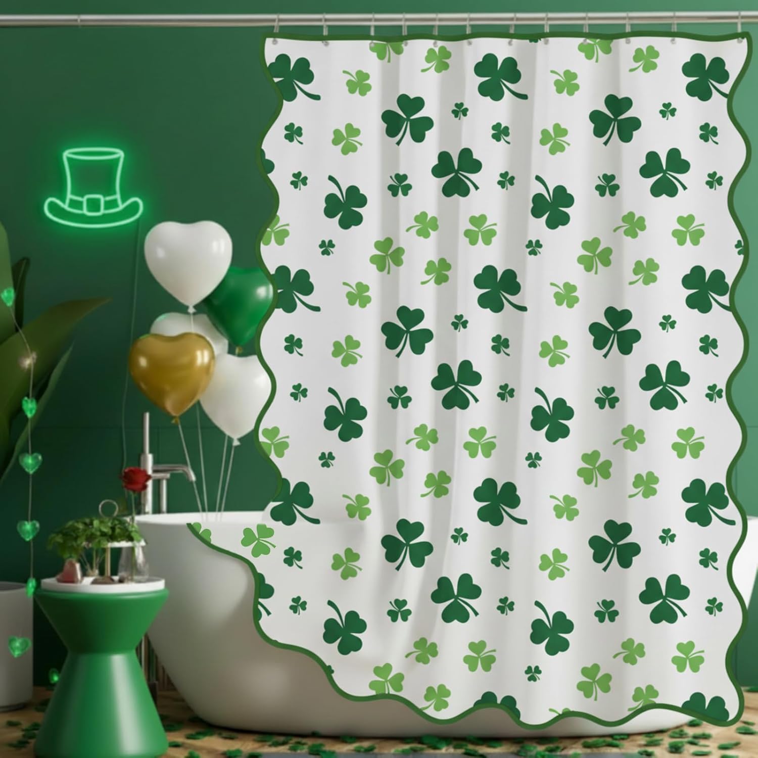 Frienda St Patricks Day shower curtain front view showing vibrant green clover pattern on white fabric