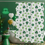 Frienda St Patricks Day shower curtain front view showing vibrant green clover pattern on white fabric