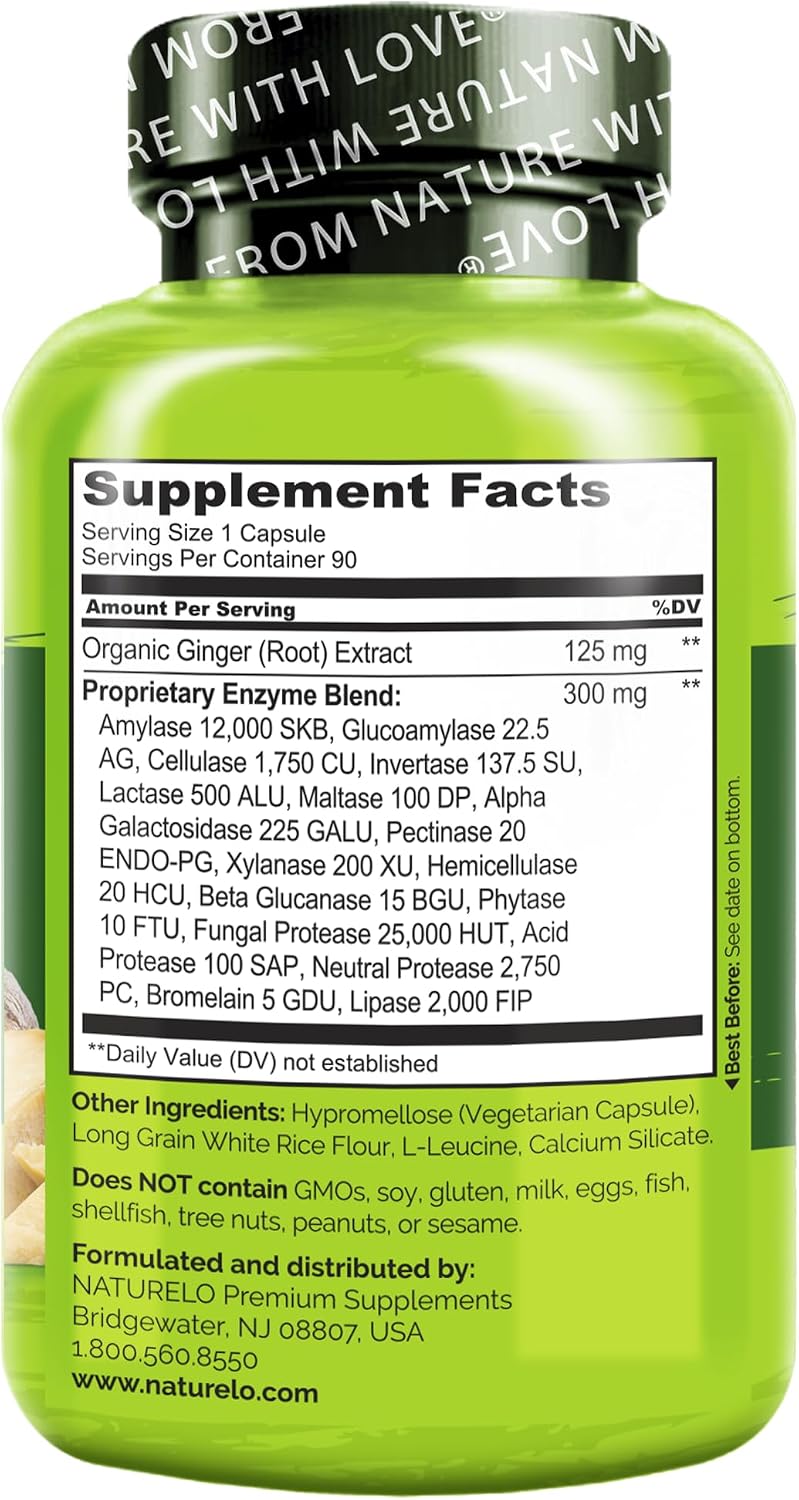NATURELO Digestive Enzymes supplement facts label closeup