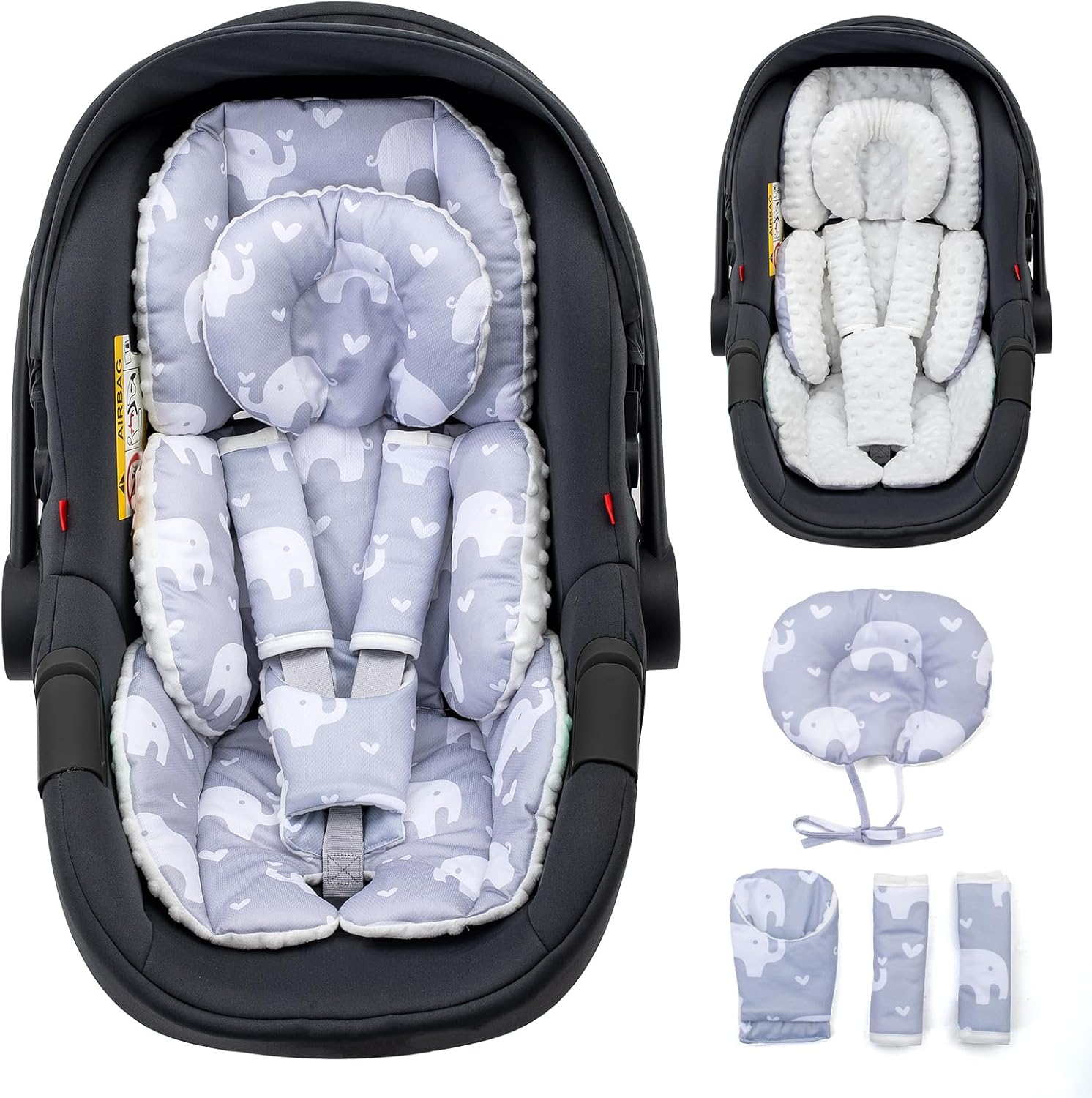 The Kenkyo infant car seat head support insert front view in gray elephant pattern.