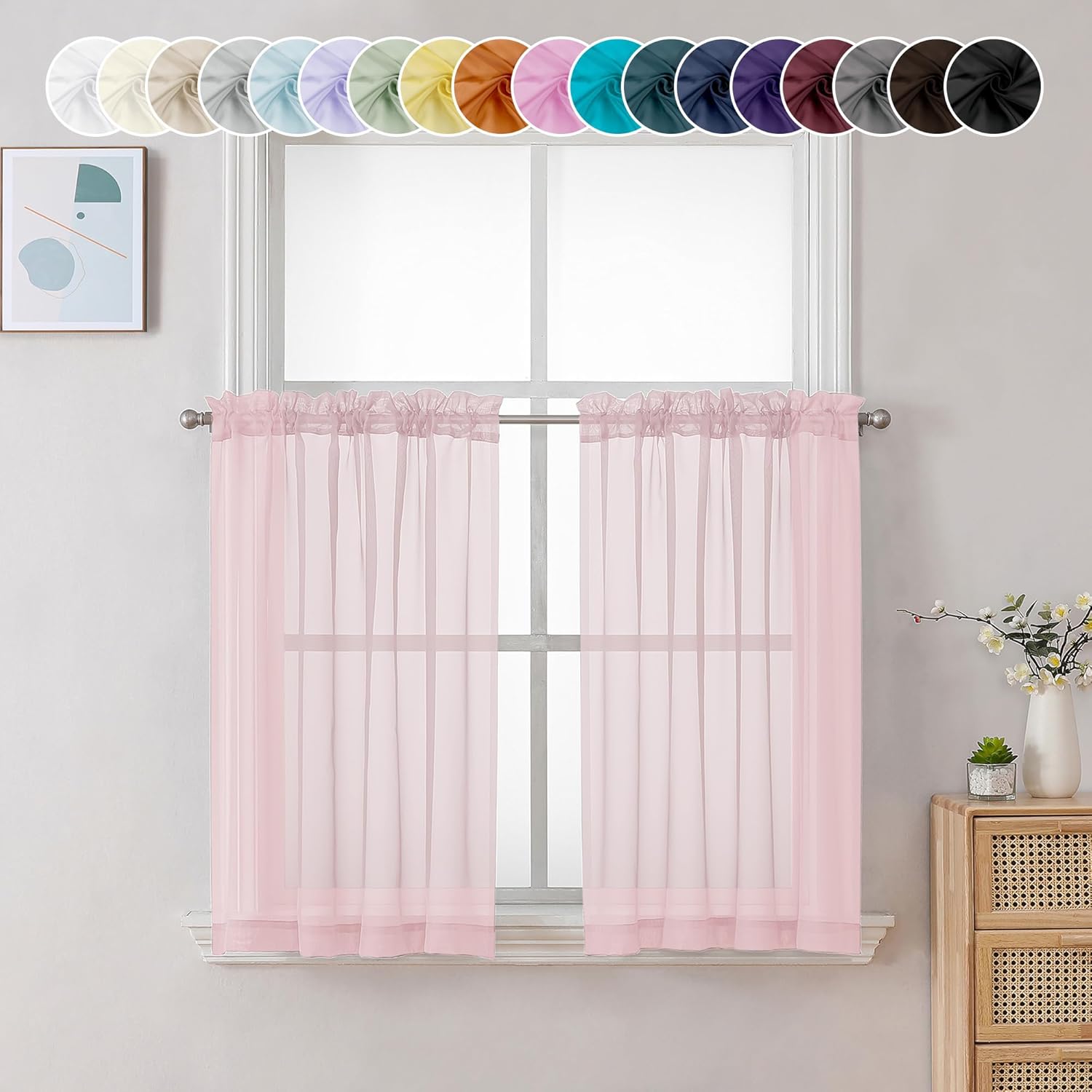 Chyhomenyc blush pink sheer curtains front view on a small bathroom window.