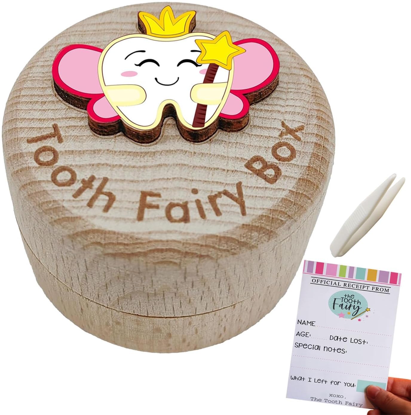 Pambo pink baby tooth fairy box front view with 3D tooth design