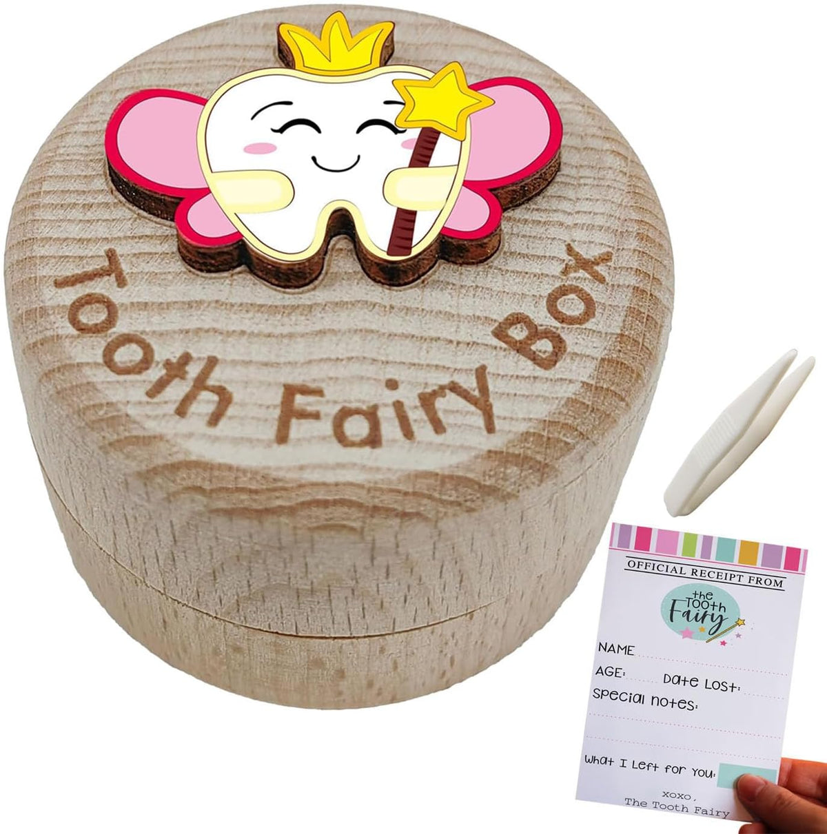 Pambo pink baby tooth fairy box front view with 3D tooth design