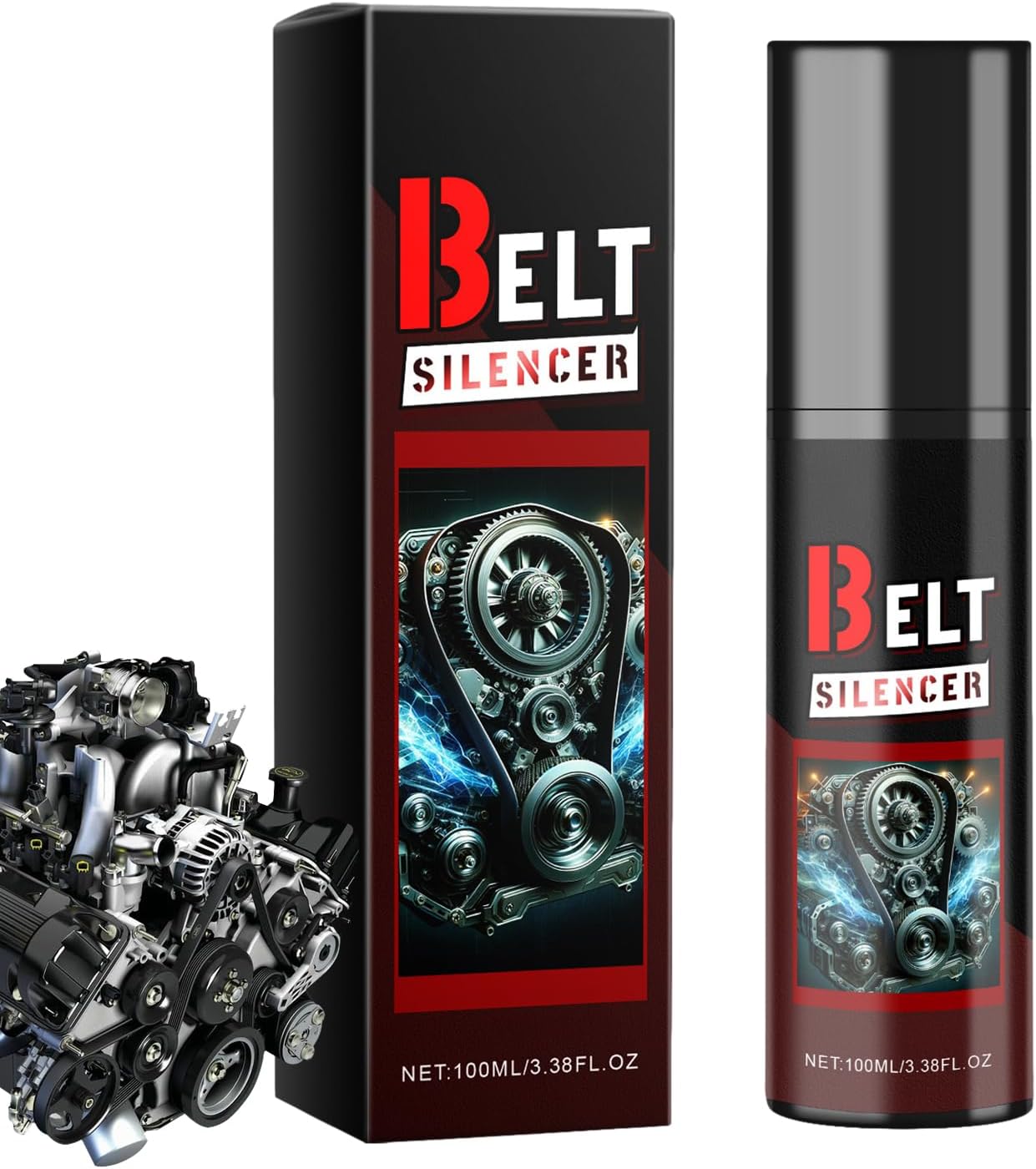 Generic Car Belt Noise Spray front view of the 100ml automotive belt dressing bottle.