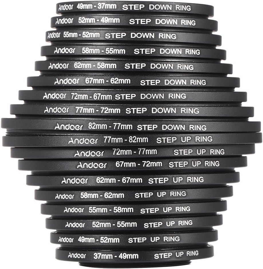 Andoer 18 pieces camera lens filter adapter ring kit front view