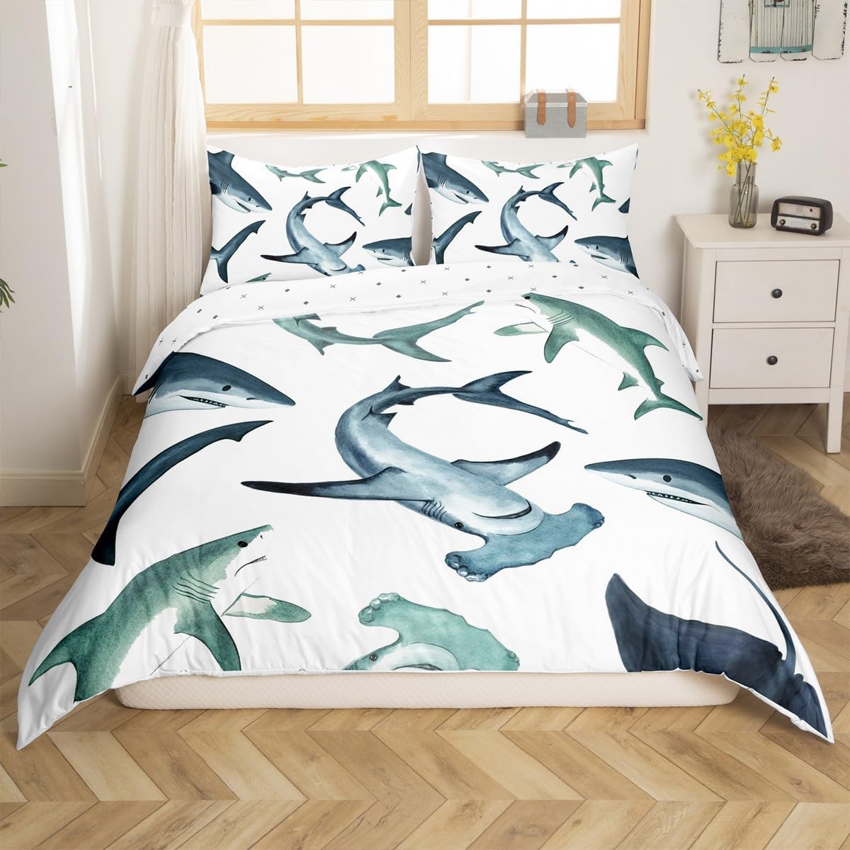 Feelyou shark comforter cover set showcasing a realistic 3D marine life ocean theme printed on a clean white background mattress display.