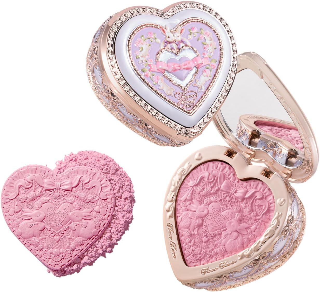 Flower Knows Bunny Garden Embossed Blush 04 Iris Garden compact front view showing vintage rose gold heart packaging