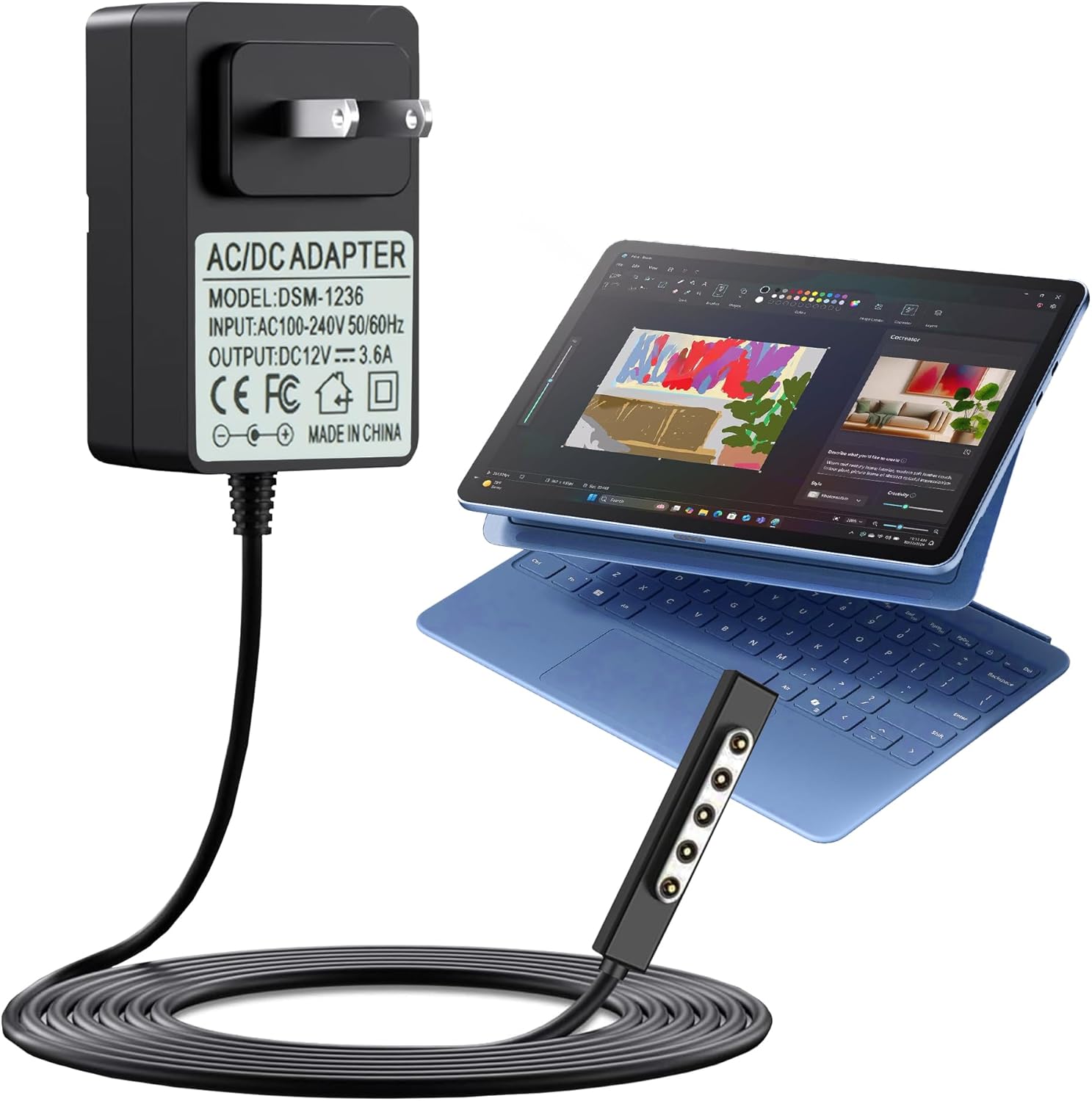 WirelessFinest Microsoft Surface replacement charger front view showing the wall adapter and power cord.