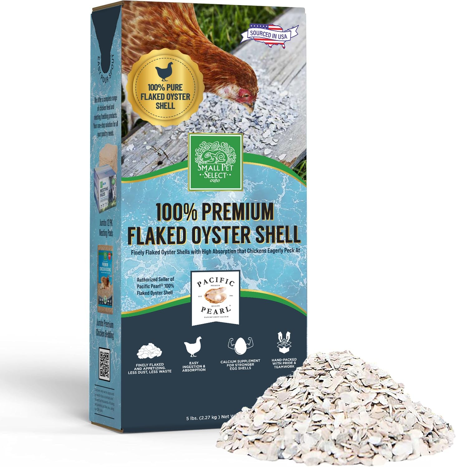 Small Pet Select flaked oyster shell calcium supplement front view packaging