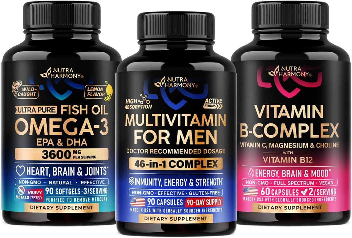 NutraHarmony multivitamin for men and fish oil front view dietary supplement bottles