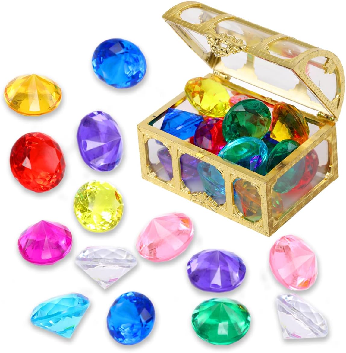 XIJUAN diving gem pool toys front view showing fourteen multicolored acrylic diamonds spilling out of a golden treasure chest.