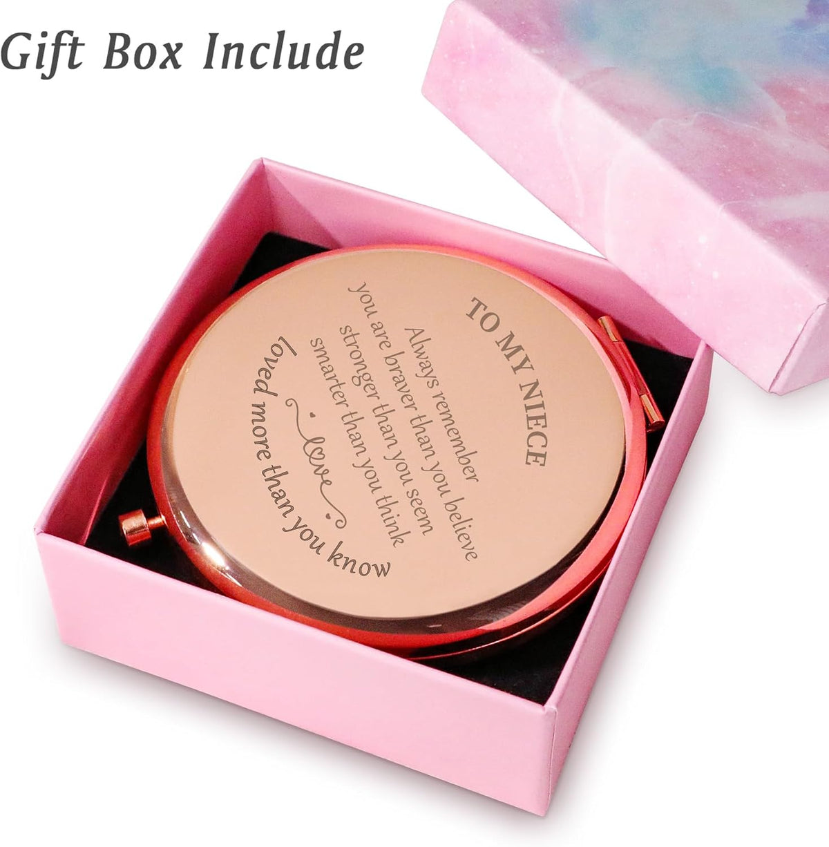 Daricano custom compact mirror displayed inside a gift pouch