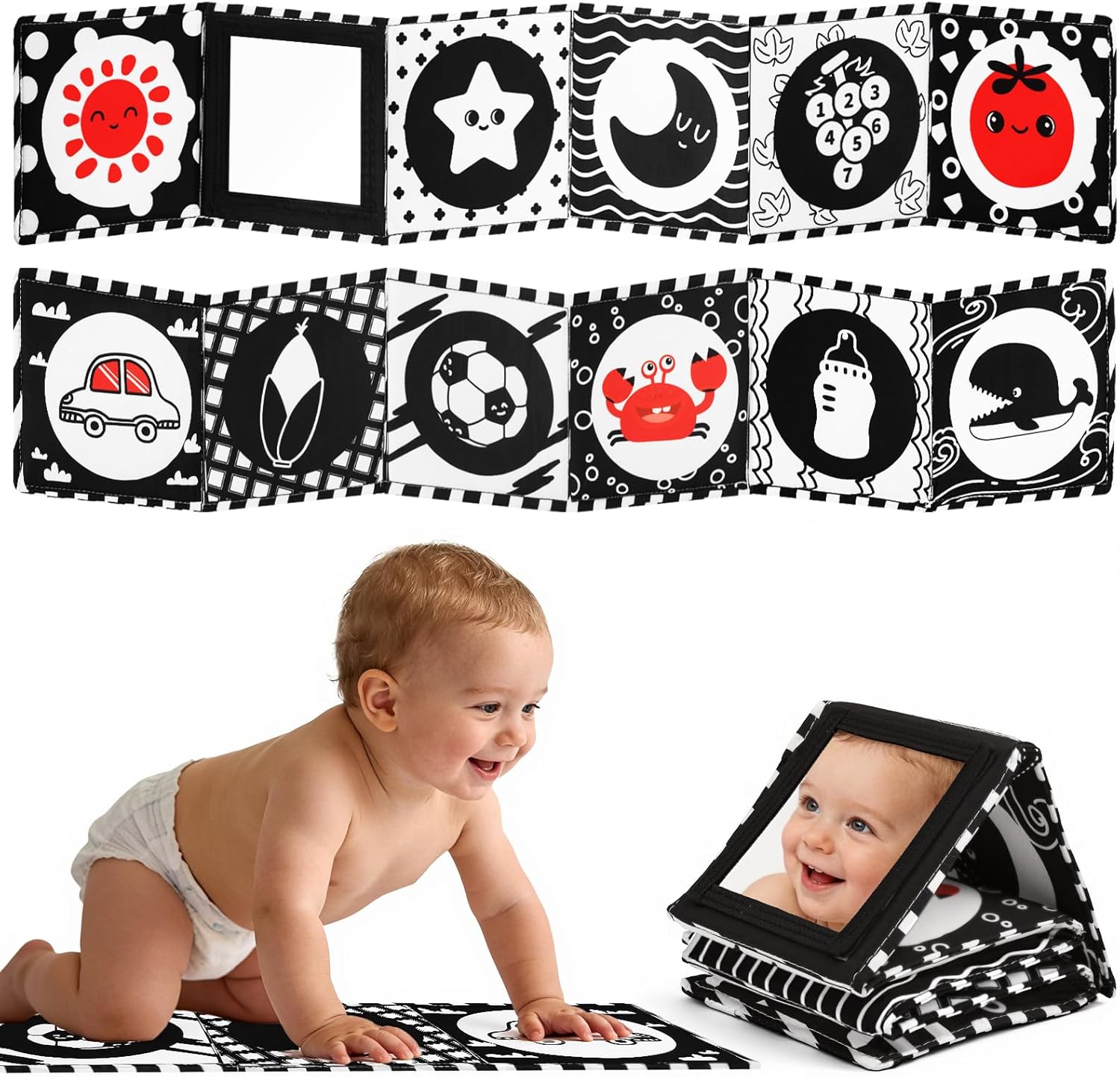 Zendstanding high contrast baby toy front view showing black and white geometric patterns and tummy time mirror