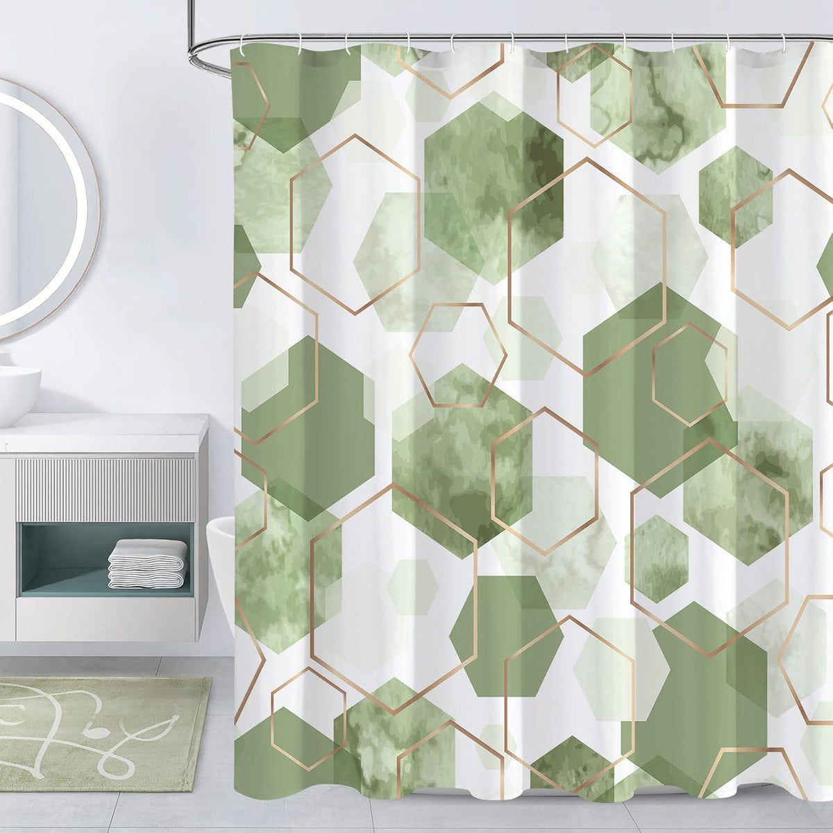Litabel sage green modern geometric shower curtain front view bathroom decor