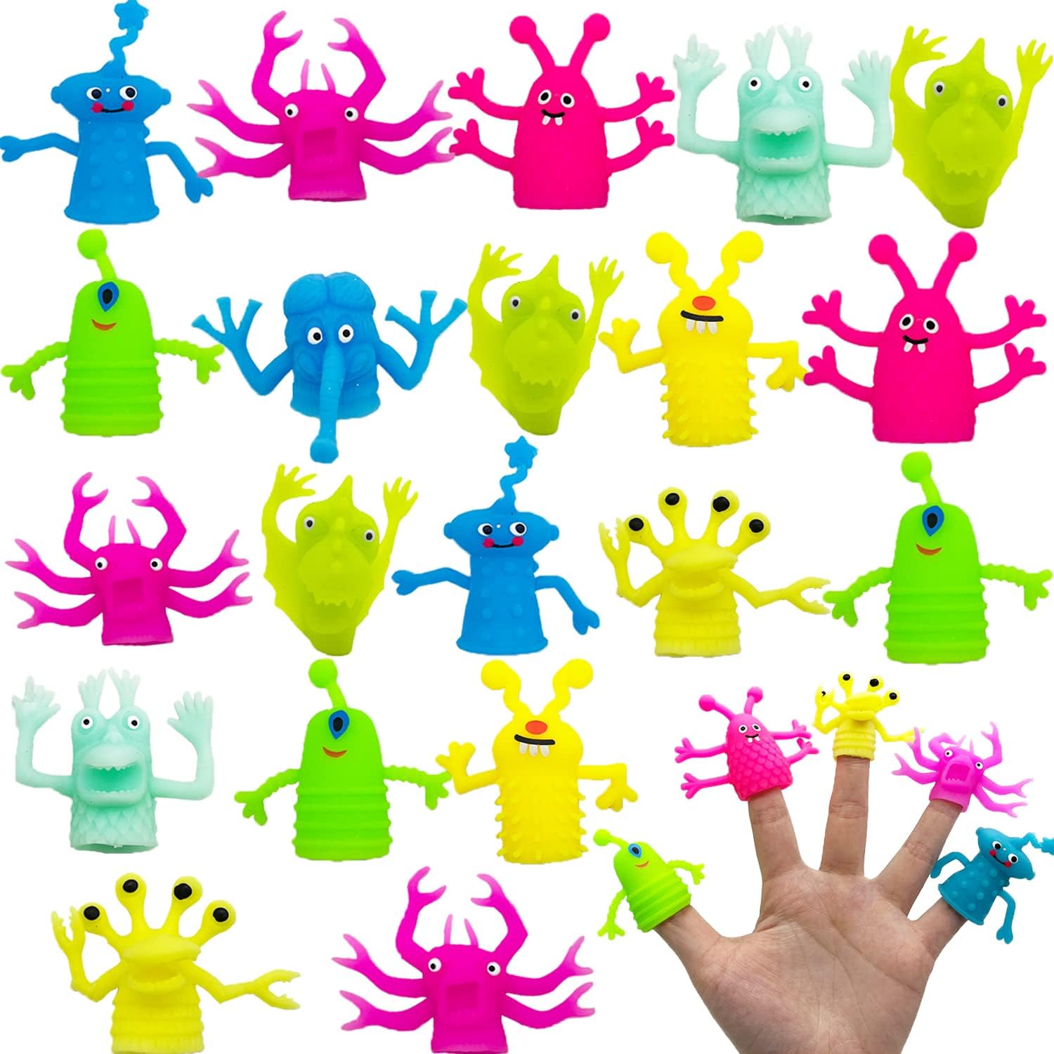 Qiuttnqn monster stretchy finger puppets twenty piece pack front view showcasing colorful assortment