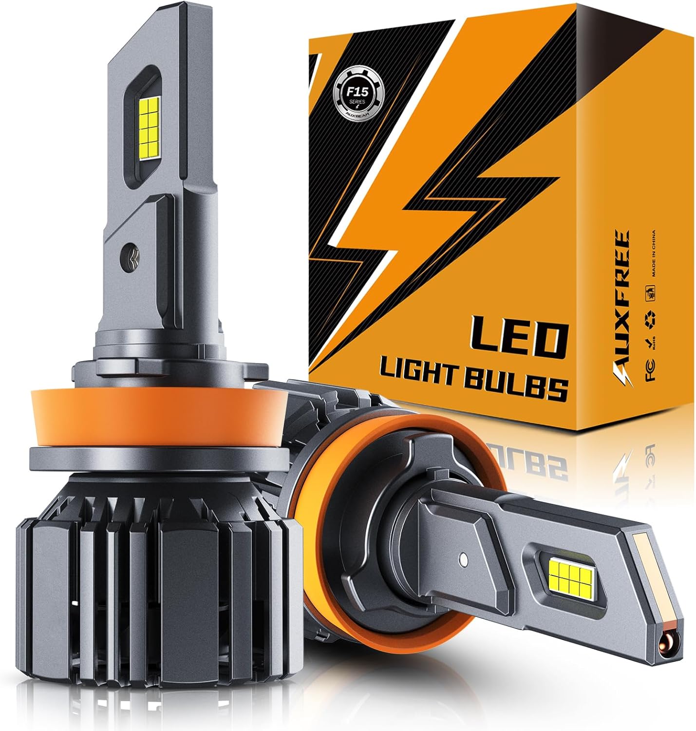 Auxbeam F15 Series H11 LED fog light bulbs front view showing compact design and premium cooling fan.