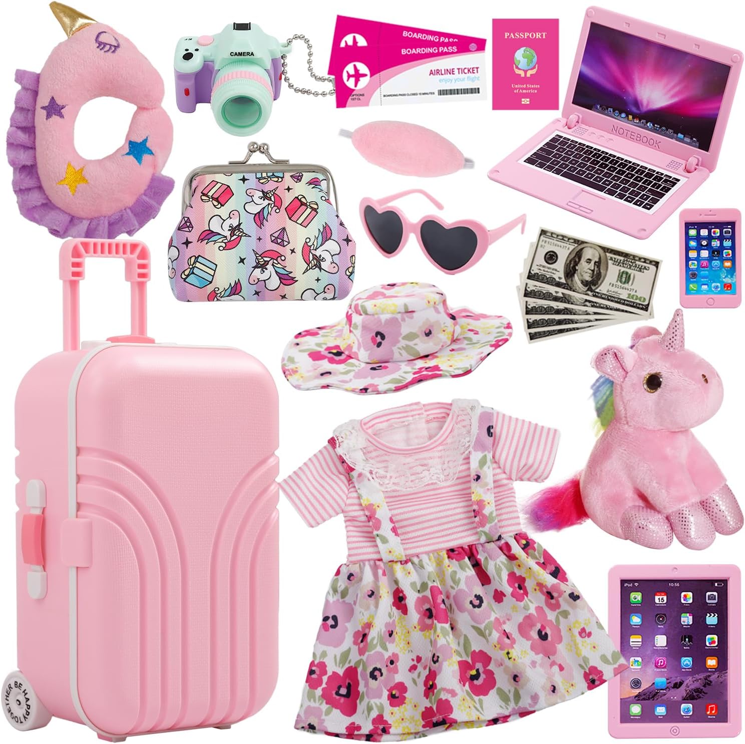 Windolls 18 inch doll suitcase travel luggage play set front view featuring pink unicorn themed rolling case.