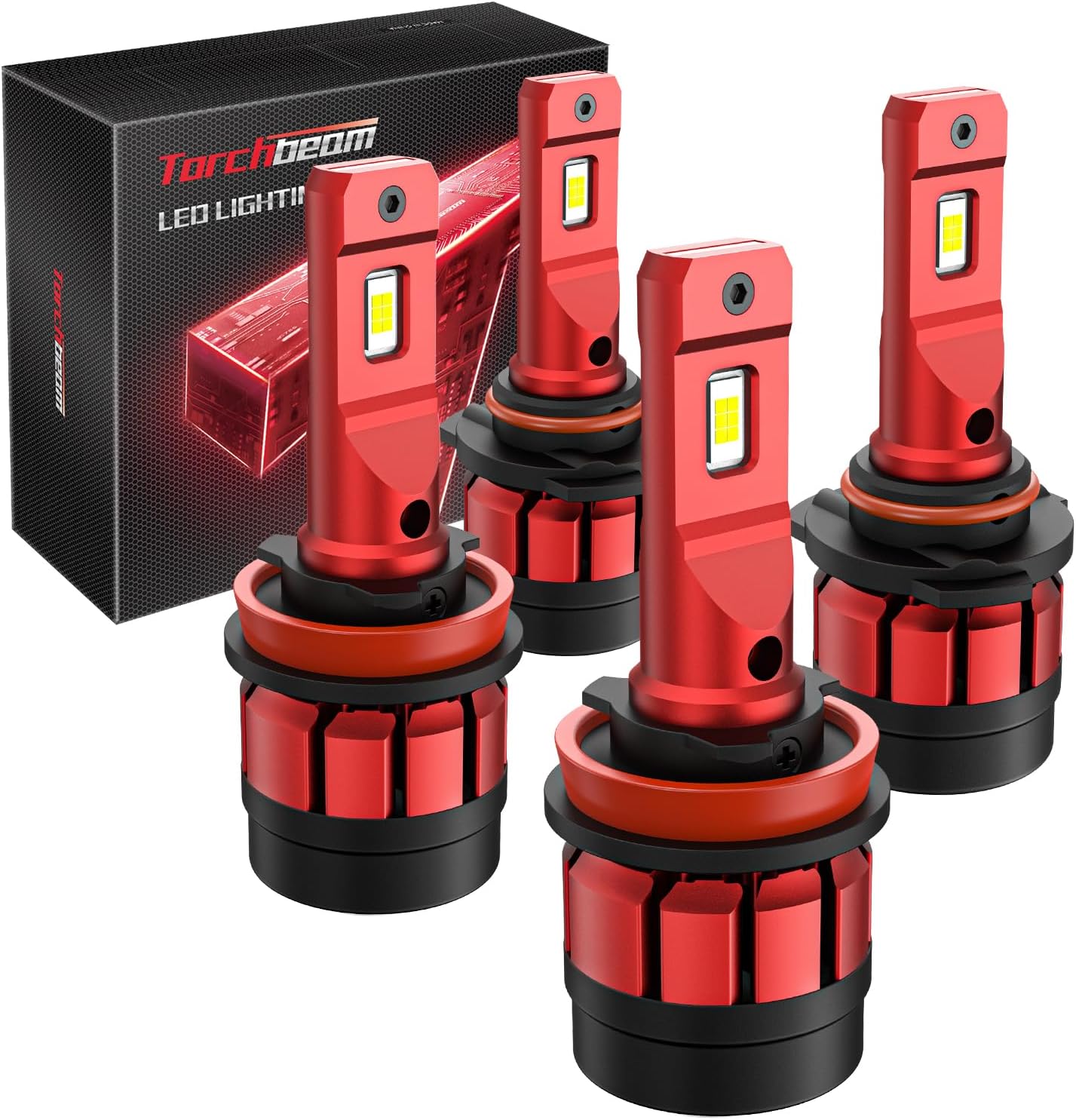 Torchbeam T6 LED automotive bulbs pack of four front view showing red aluminum body and turbo fan.