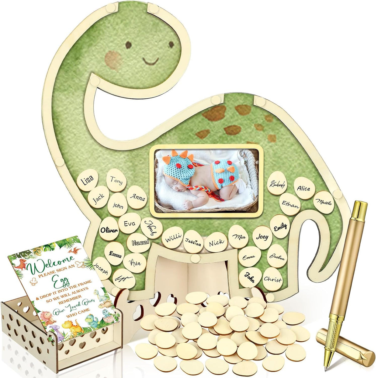 Wenqik dinosaur baby shower guest book set with wooden frame and signing pieces