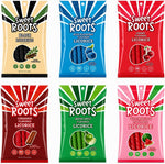 Happy Bites sweet roots gourmet licorice snack bag held open showing the fresh red candy ropes inside.