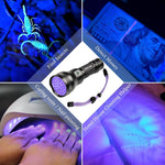 Grace Marci premium rechargeable black light torch showing bright purple ultraviolet glow