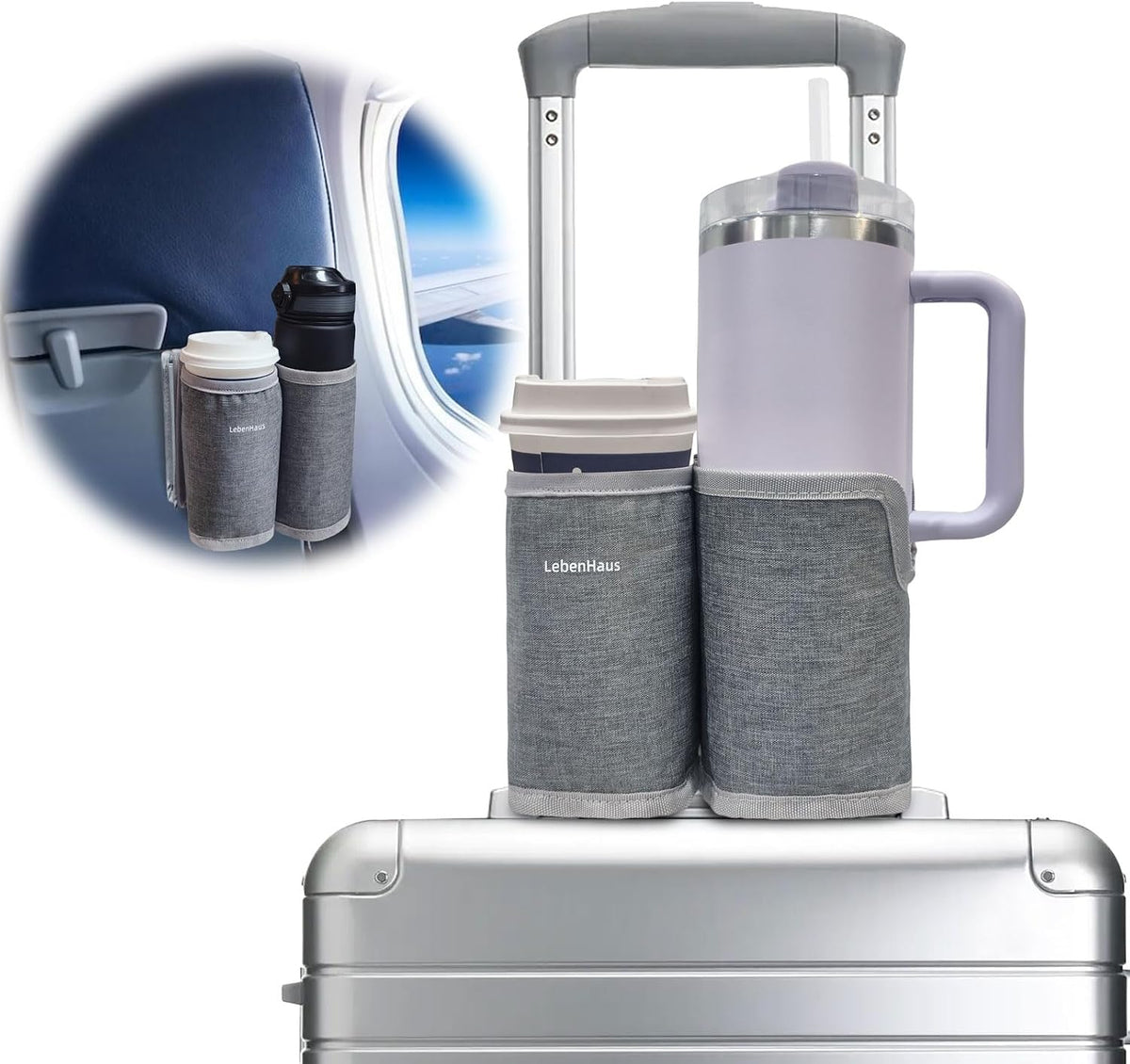 LebenHaus luggage cup holder gray front view travel accessory