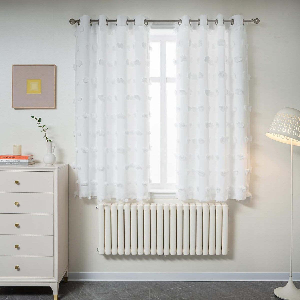 MYSKY HOME white double layer pom pom curtains front view