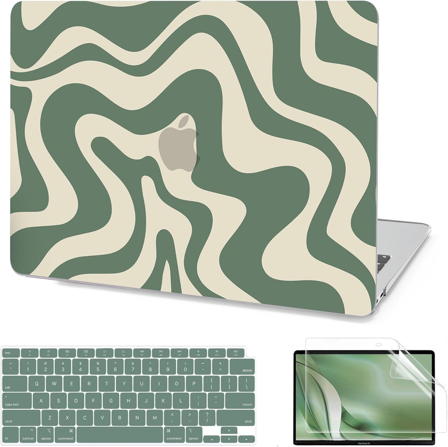 AKIT MacBook Air thirteen inch hard shell case kit in green wave pattern showing front view protection