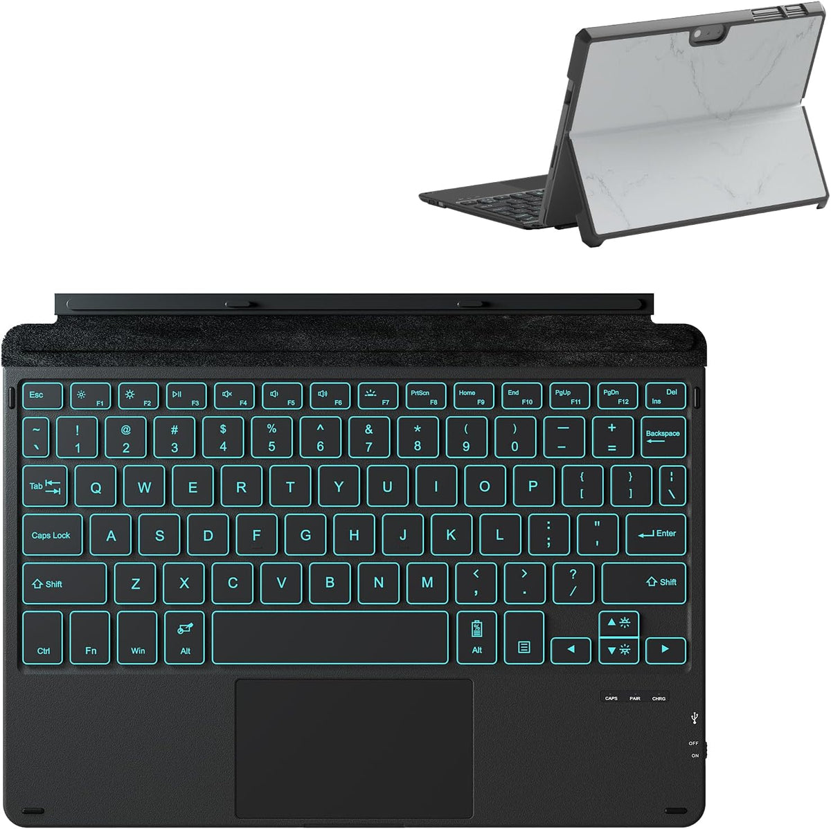 Qulose keyboard case for Surface Go front view with seven color backlight active.