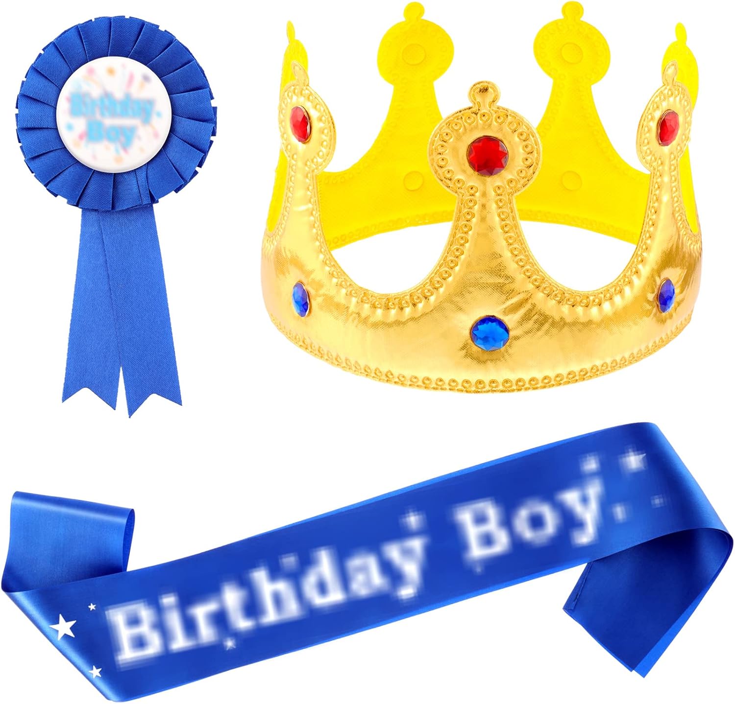 WILLBOND Birthday King Crown and sash set front view showcasing the golden rhinestone crown and blue satin ribbon layout.
