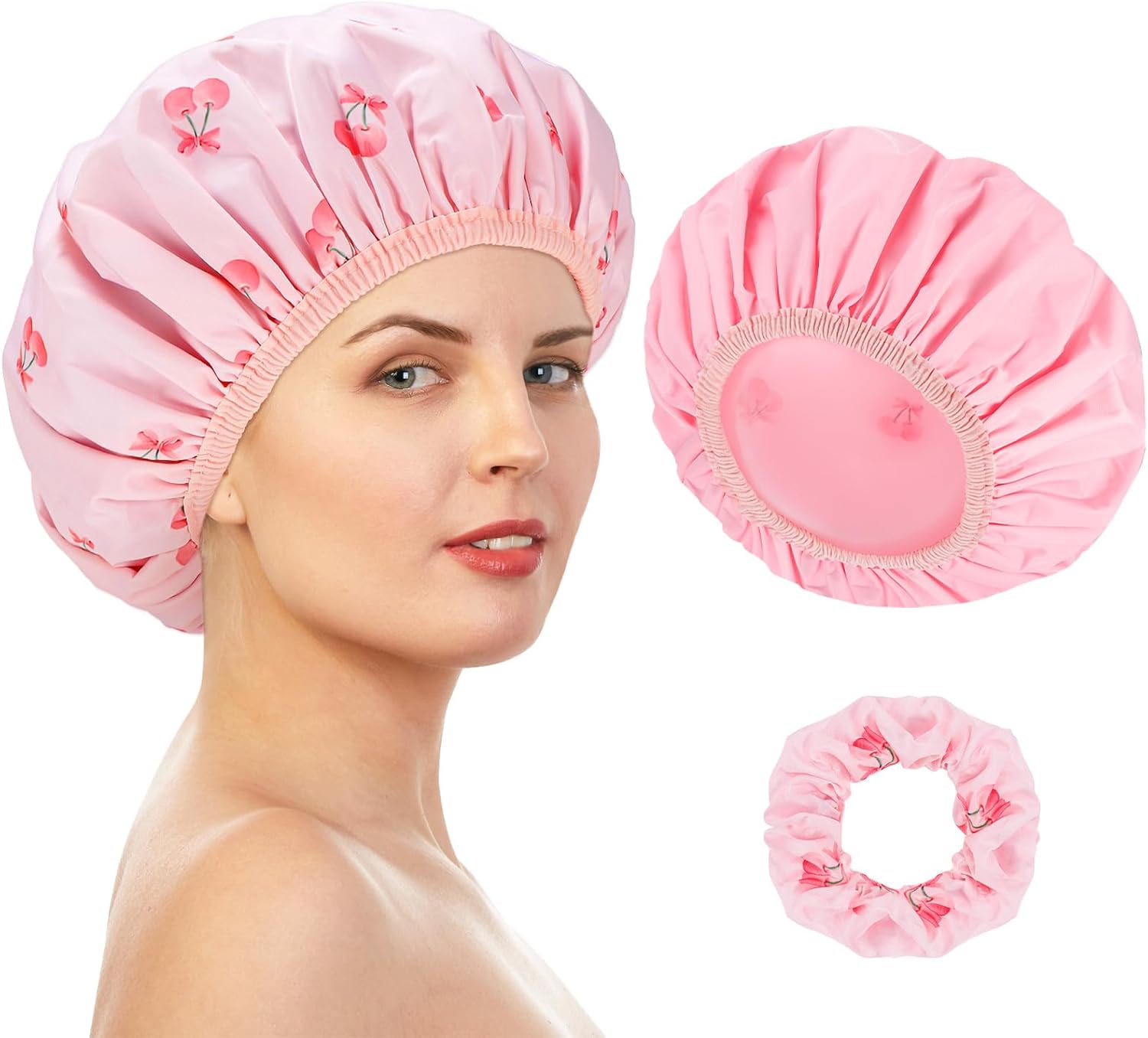 Large Double-Sided Shower Cap for Women, Pink Valentines Day Gifts 2-in-1 Reusable Waterproof Cherry Print Bath Cap for Women Girls Long Thick Hair - Image 1