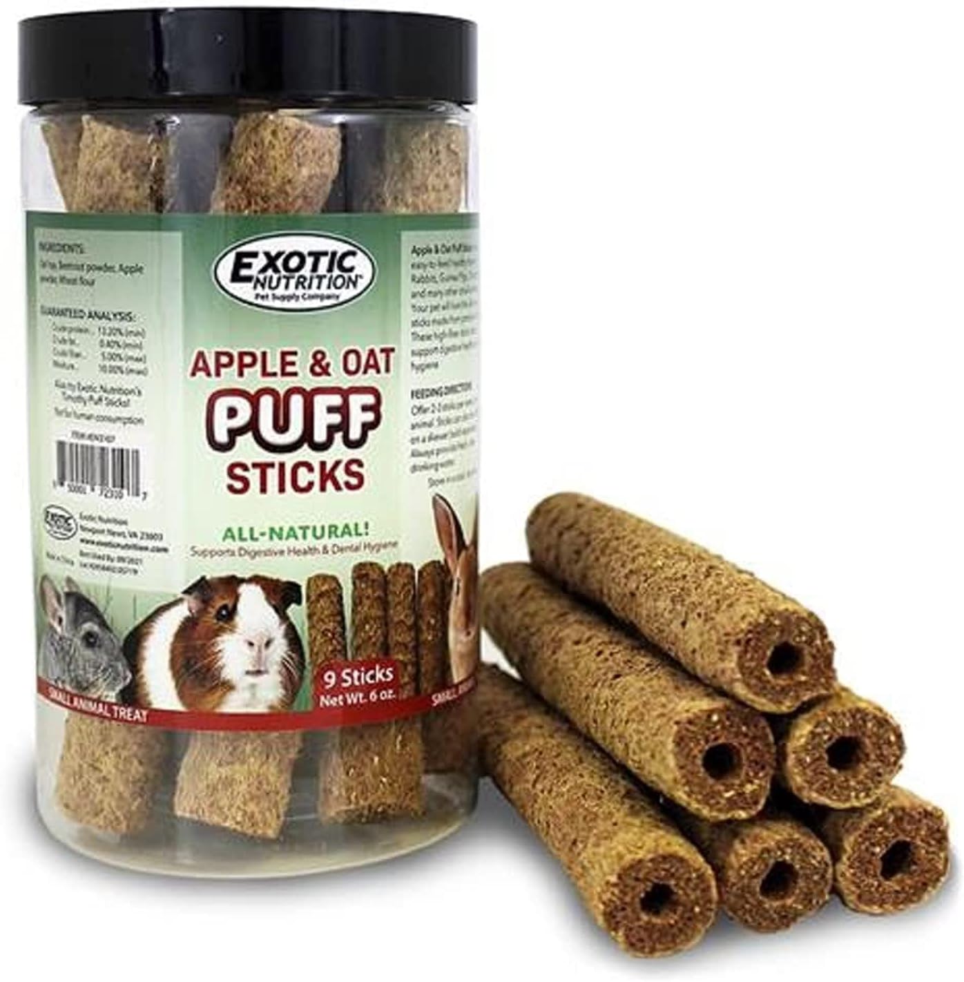 Exotic Nutrition Apple and Oat Puff Sticks front view six ounce packaging