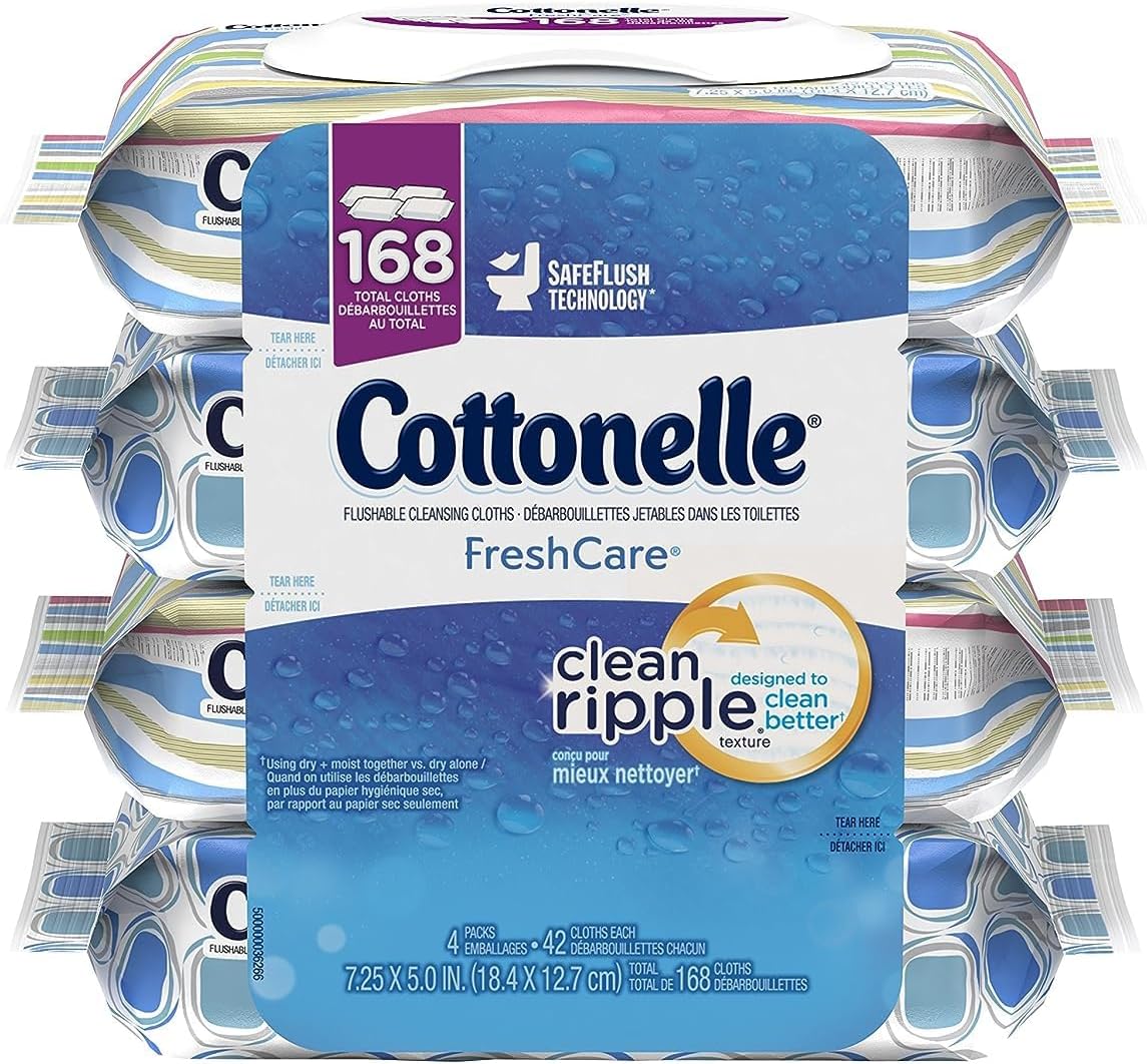 Cottonelle fresh care flushable cleansing cloths front view 4 pack packaging