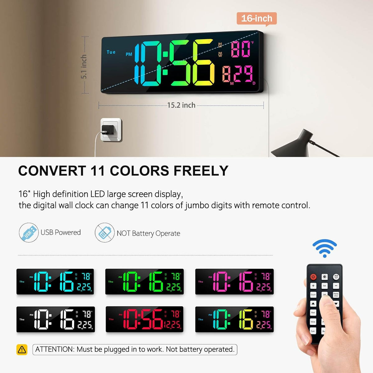 Hournor 16 inch digital wall clock showing remote control operation