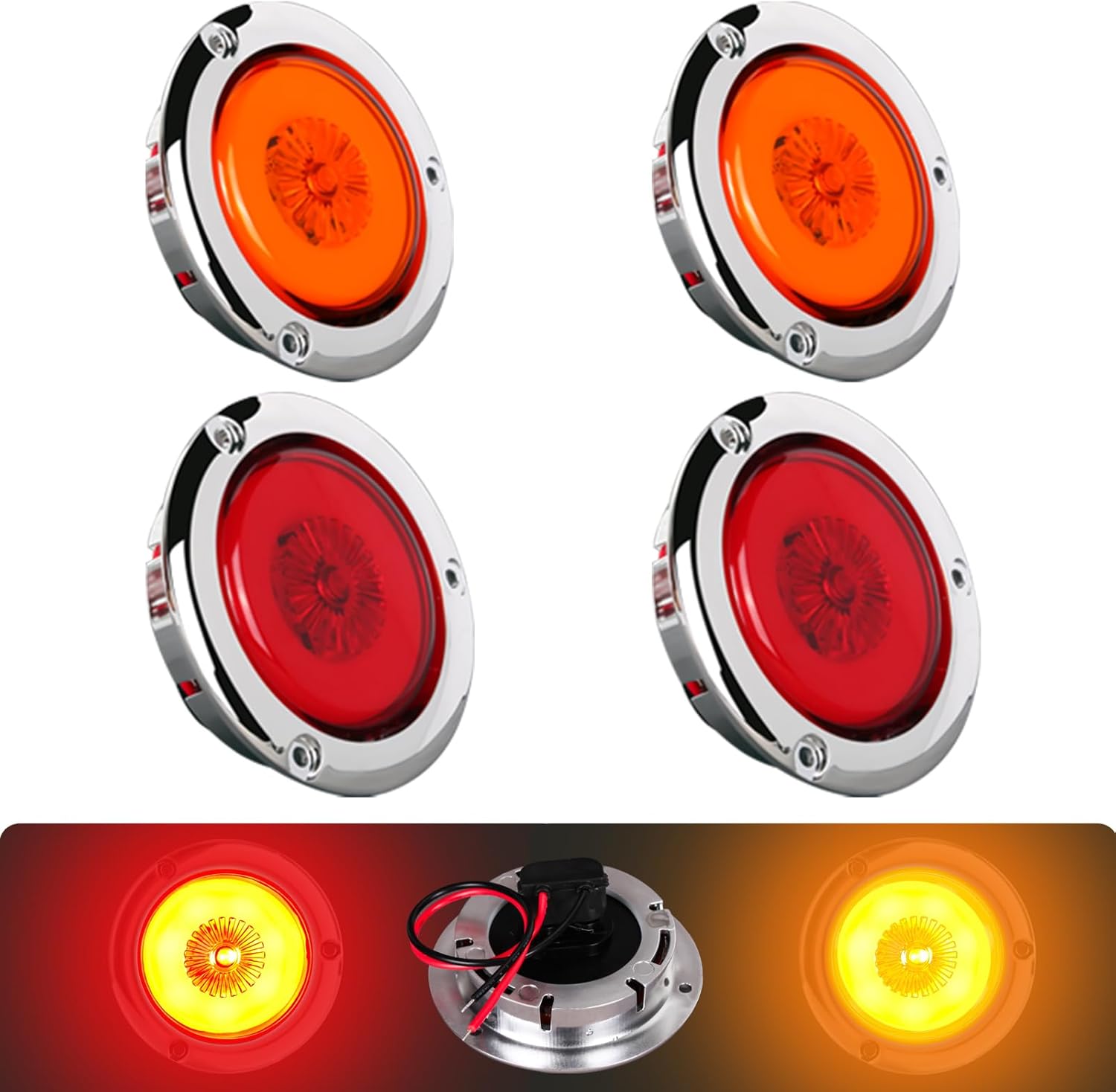 NEW SUN round LED marker lights front view showcasing the red and amber four pack kit