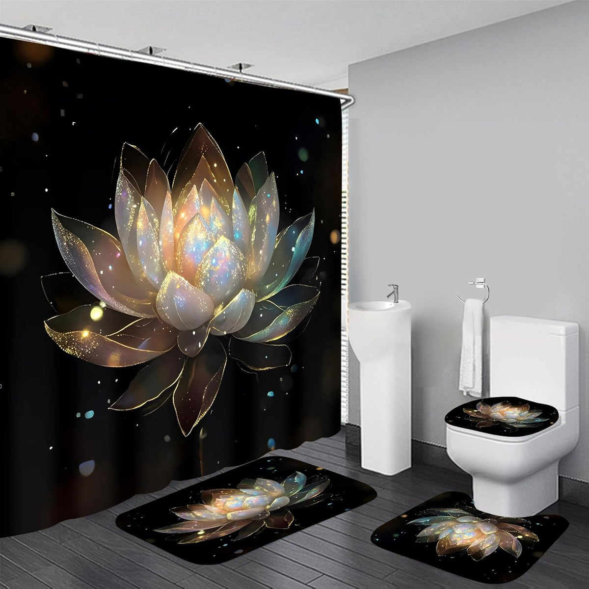 AZHM lotus shower curtain set front view featuring black and gold floral pattern bathroom accessories