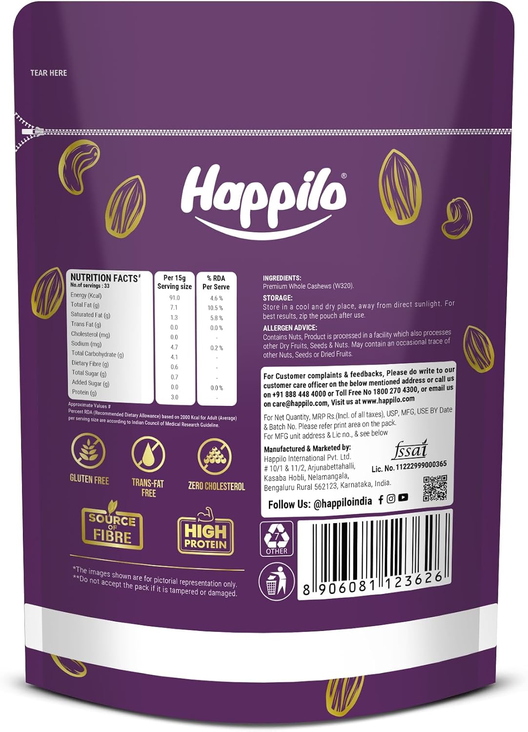 Happilo whole cashews nutritional information and back label