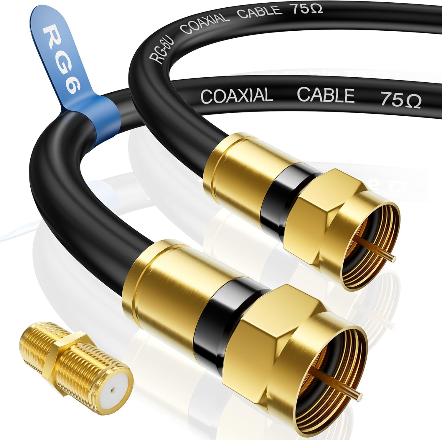 Nixsto RG6 coaxial cable front view showcasing the gold-plated F-type male connector pin.