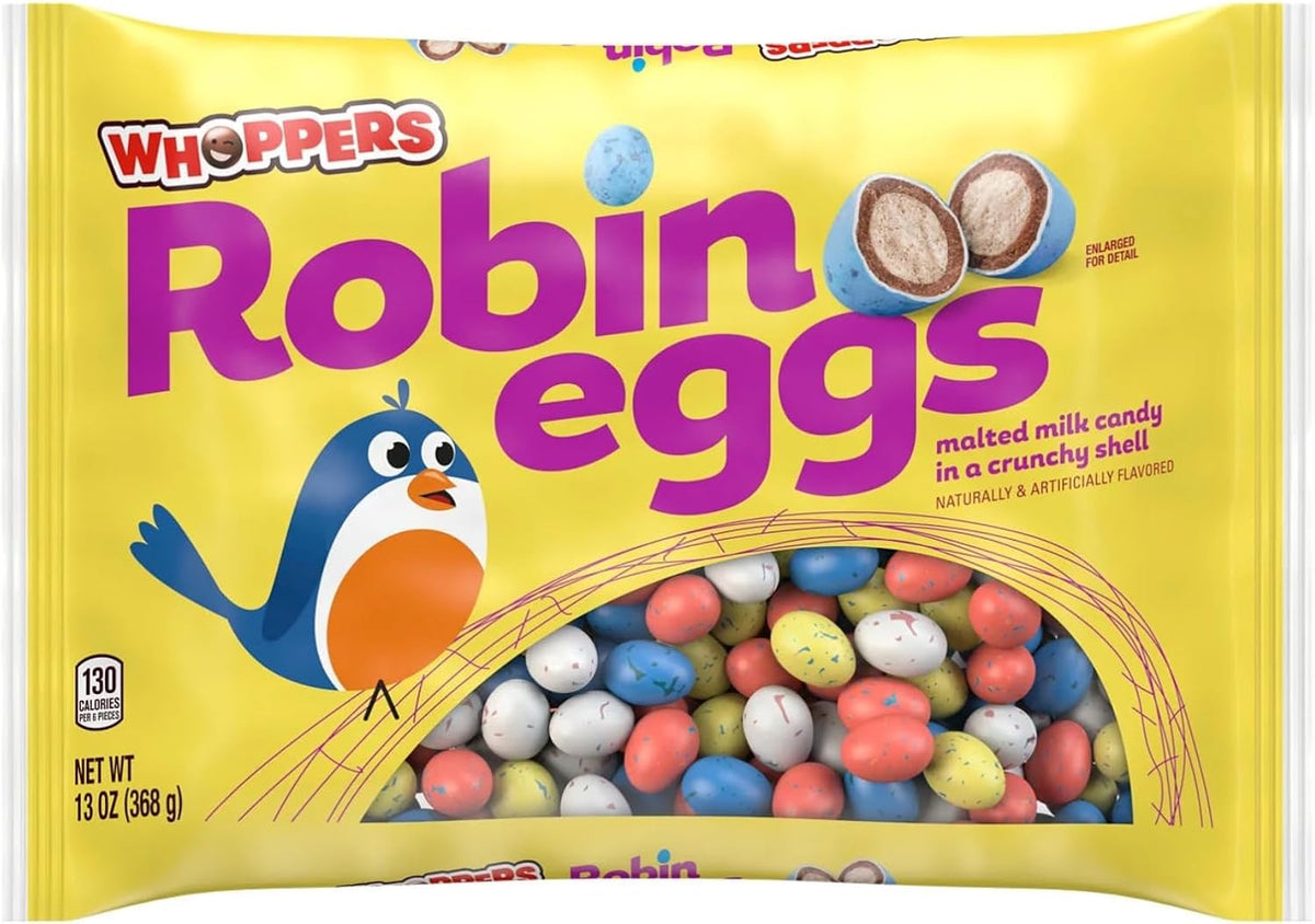 Close up of Whoppers Robin Eggs pastel speckled candy shells