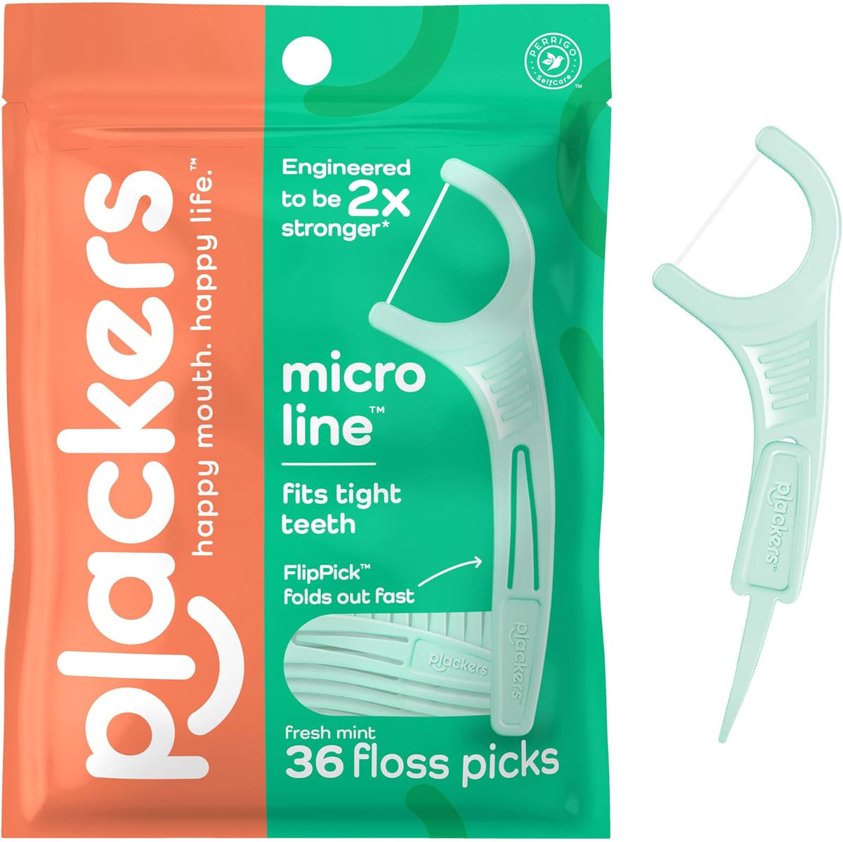Plackers Micro Line Dental Floss Picks 36 count pack front view showing mint flavor
