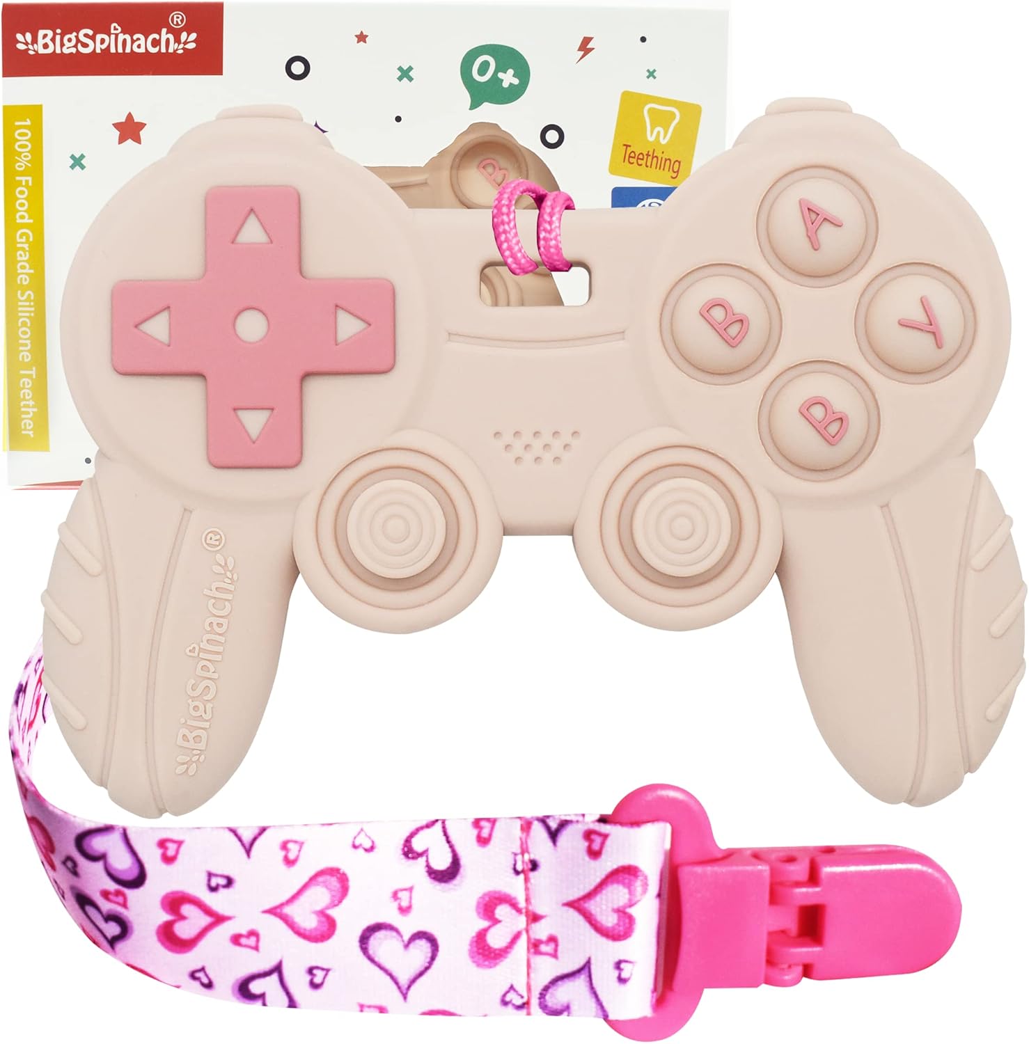 BIGSPINACH Cool Remote Game Control Teething Toy front view showing pink silicone buttons