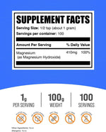 BulkSupplements Magnesium Hydroxide 100 grams side label showing nutritional facts and ingredients