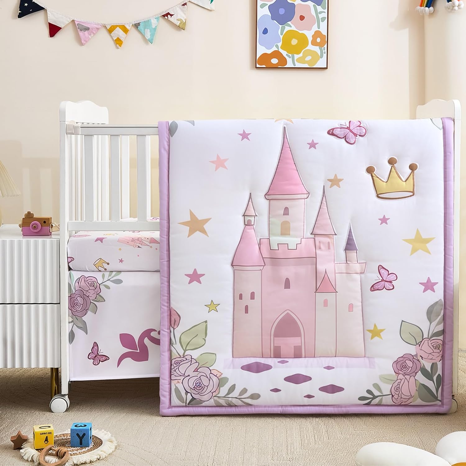 NacoMoco 3-Piece Crib Bedding Set front view featuring purple castle comforter on standard baby crib.
