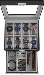 Songmics watch box front view showing glass lid and black leather finish