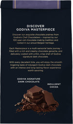 Close up of a Godiva Masterpiece dark chocolate with a velvety ganache center
