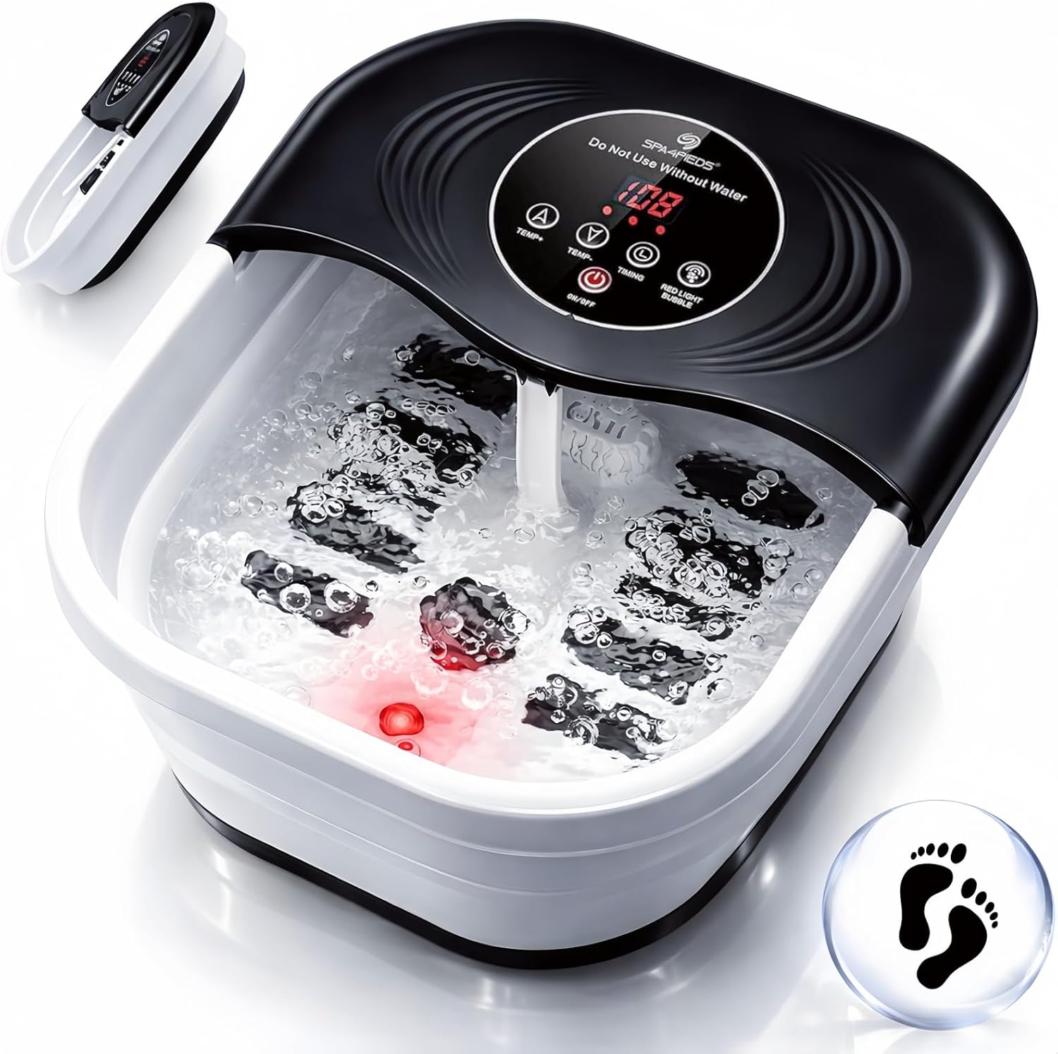 SPA4PIEDS collapsible heated foot spa massager front view showing black and white design with control panel