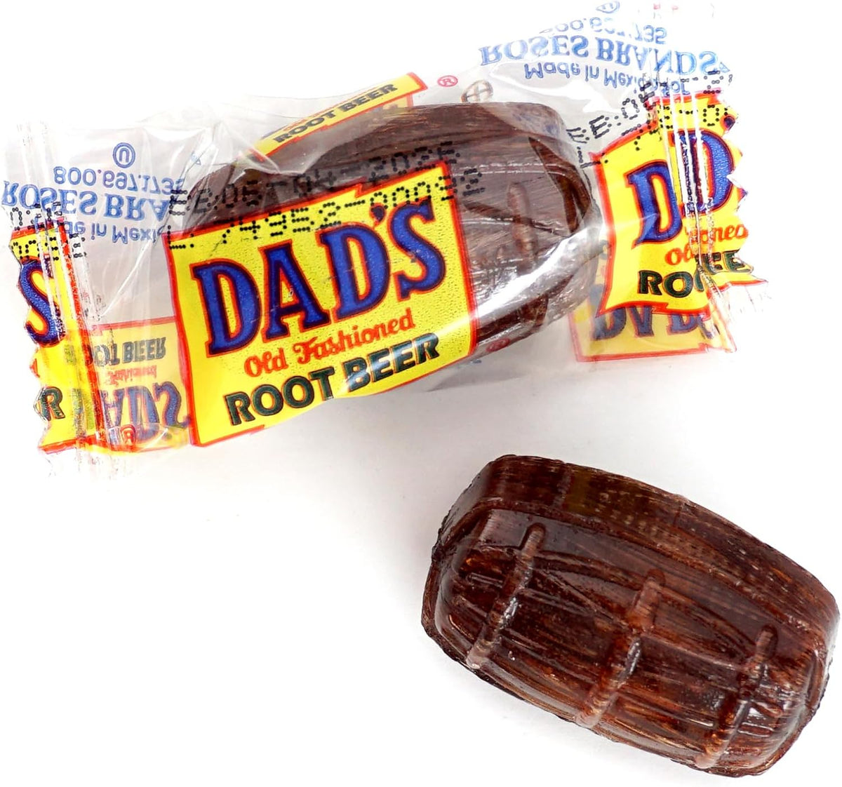 Individually wrapped Dad's Root Beer barrel candies close up