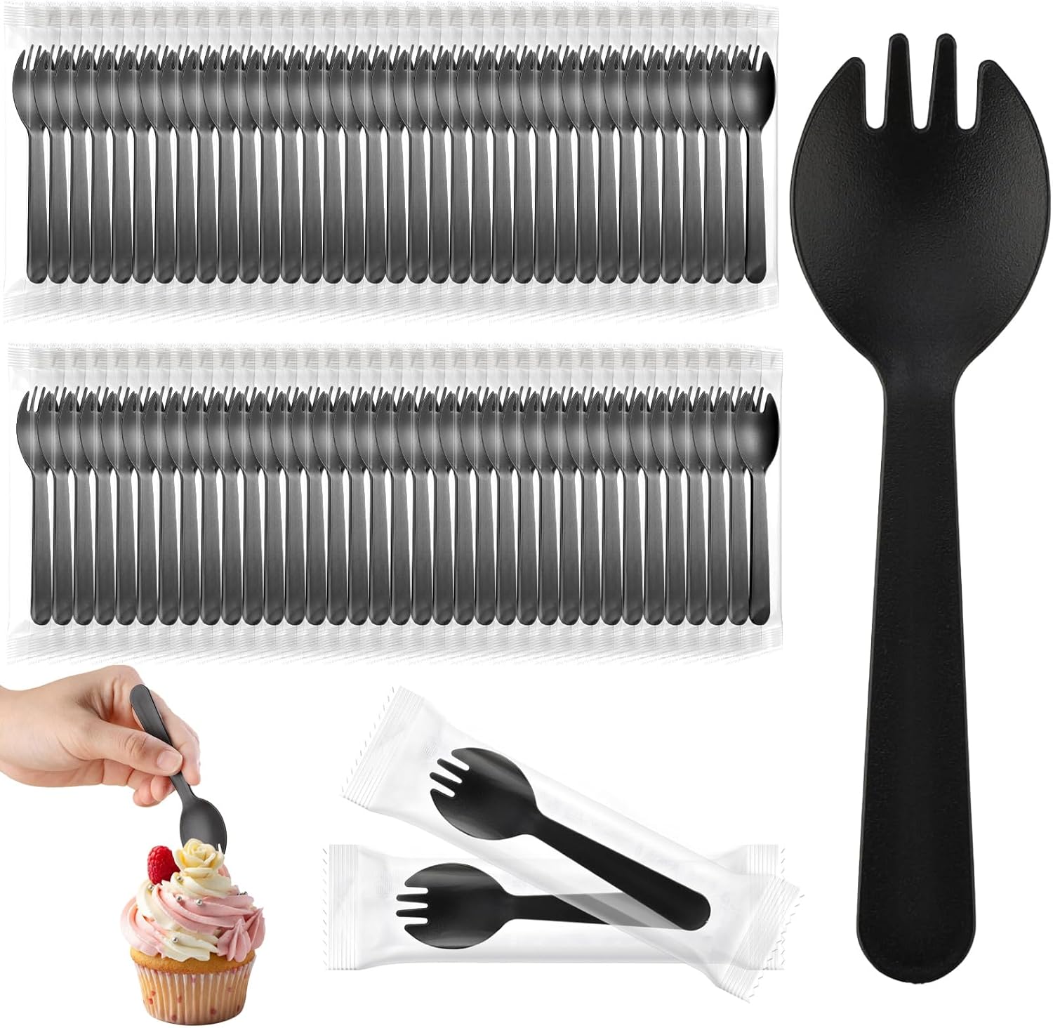 Tioncy mini plastic sporks front view of individually wrapped black disposable cutlery.
