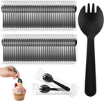 Tioncy mini plastic sporks front view of individually wrapped black disposable cutlery.