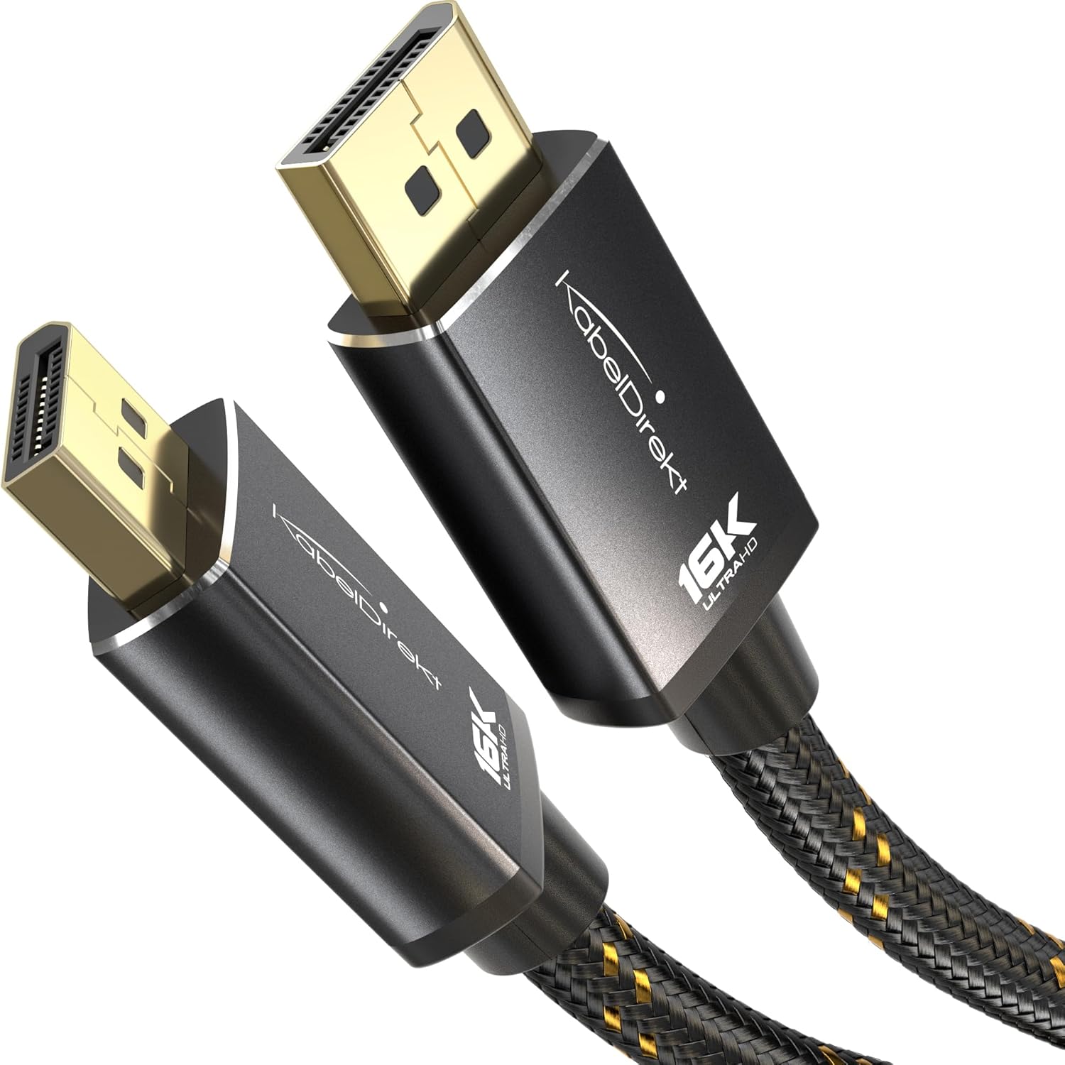 KabelDirekt DisplayPort 2.1 cable front view showing gold plated connectors